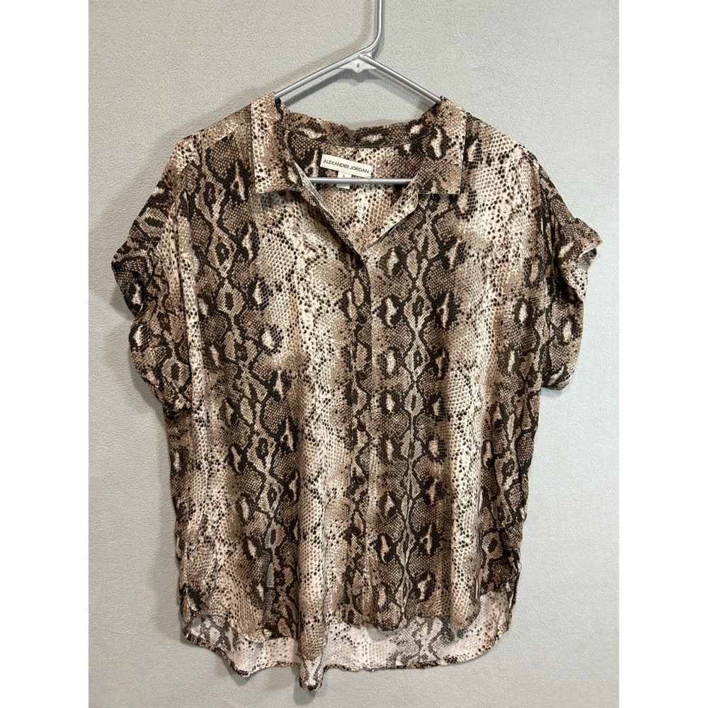 Snakeskin Print Blouse Women Large Brown Short Sleeve Button Up Summer Earthy